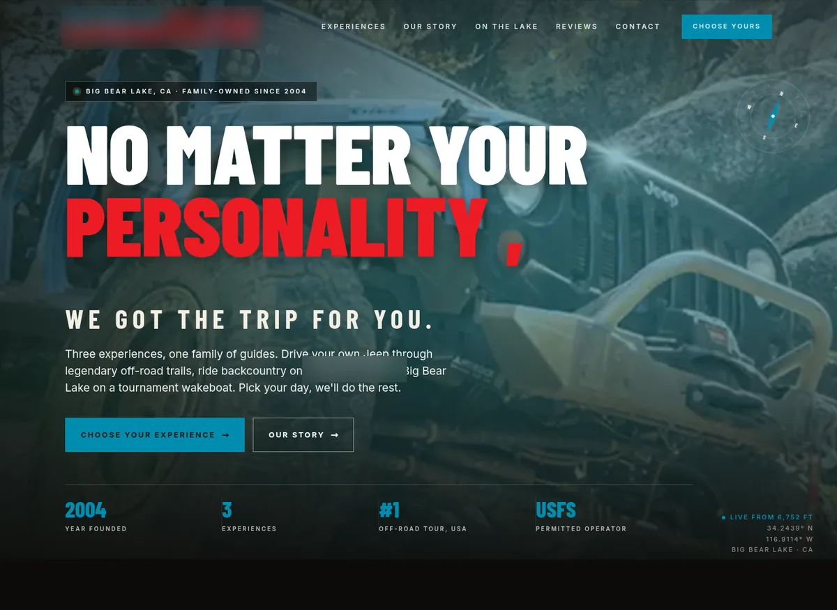 Homepage we built for an off-road adventure company
