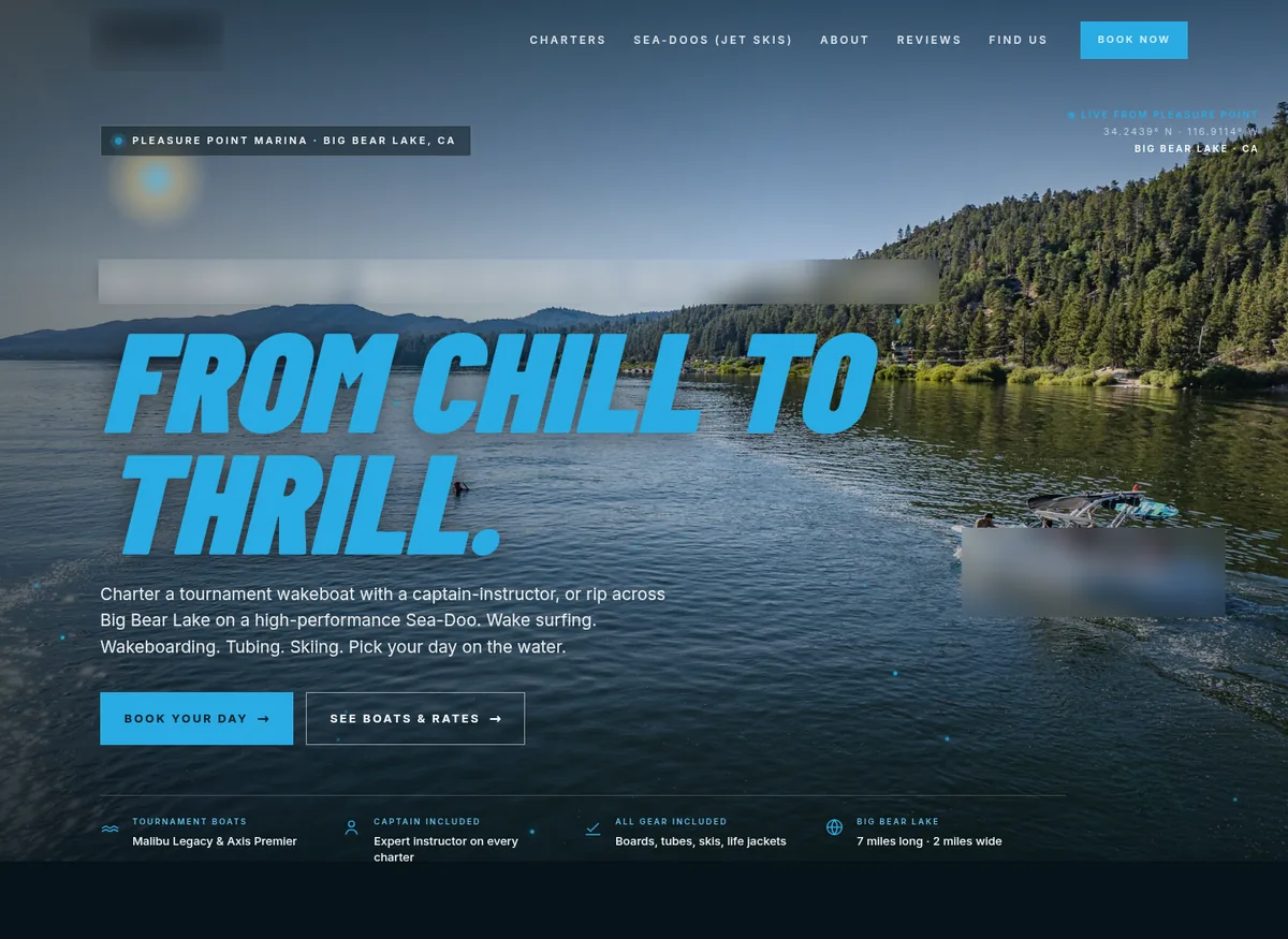 Homepage we built for a captained wakeboat charter
