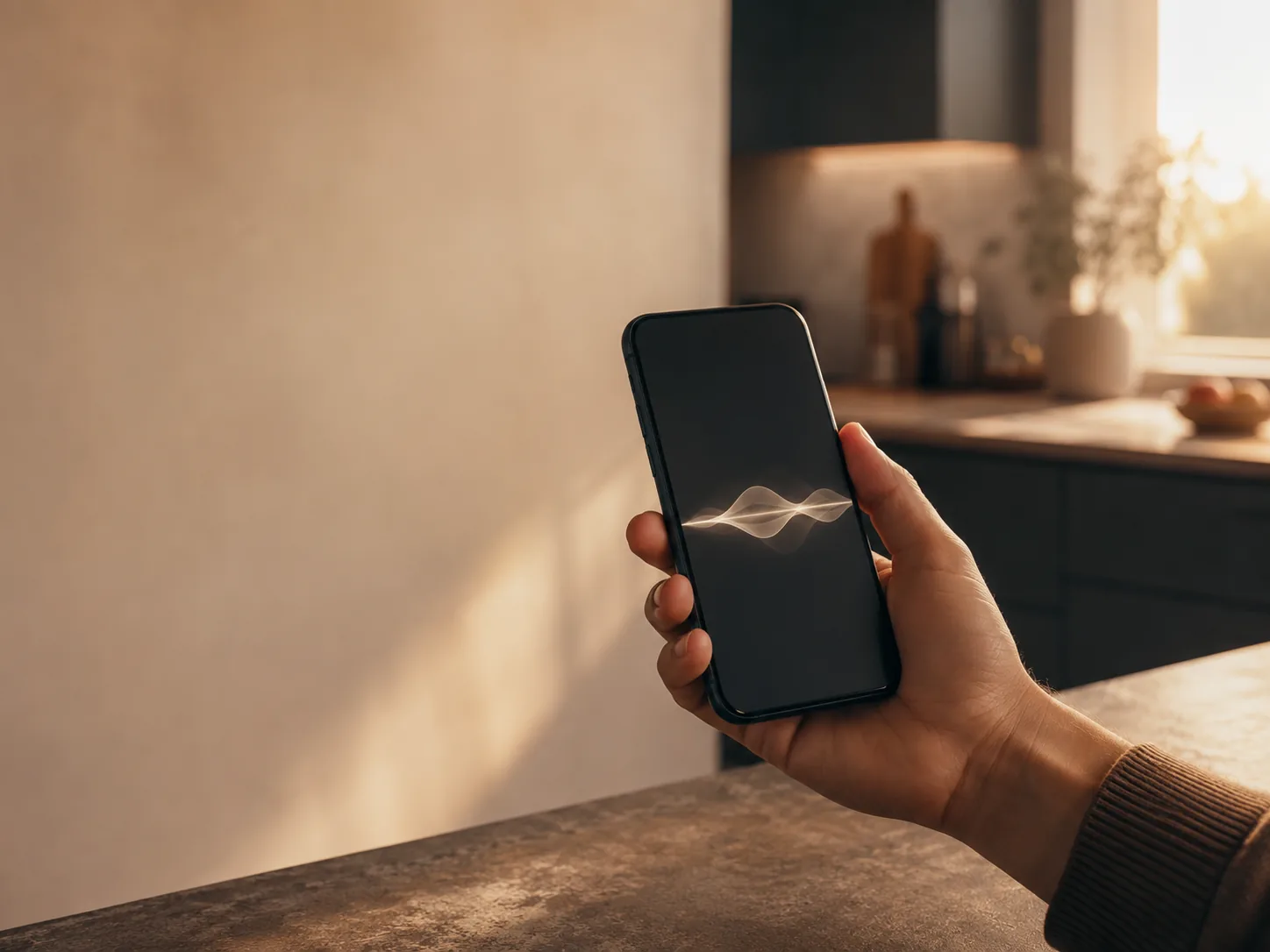 Someone holding a phone at a kitchen counter, asking it a question