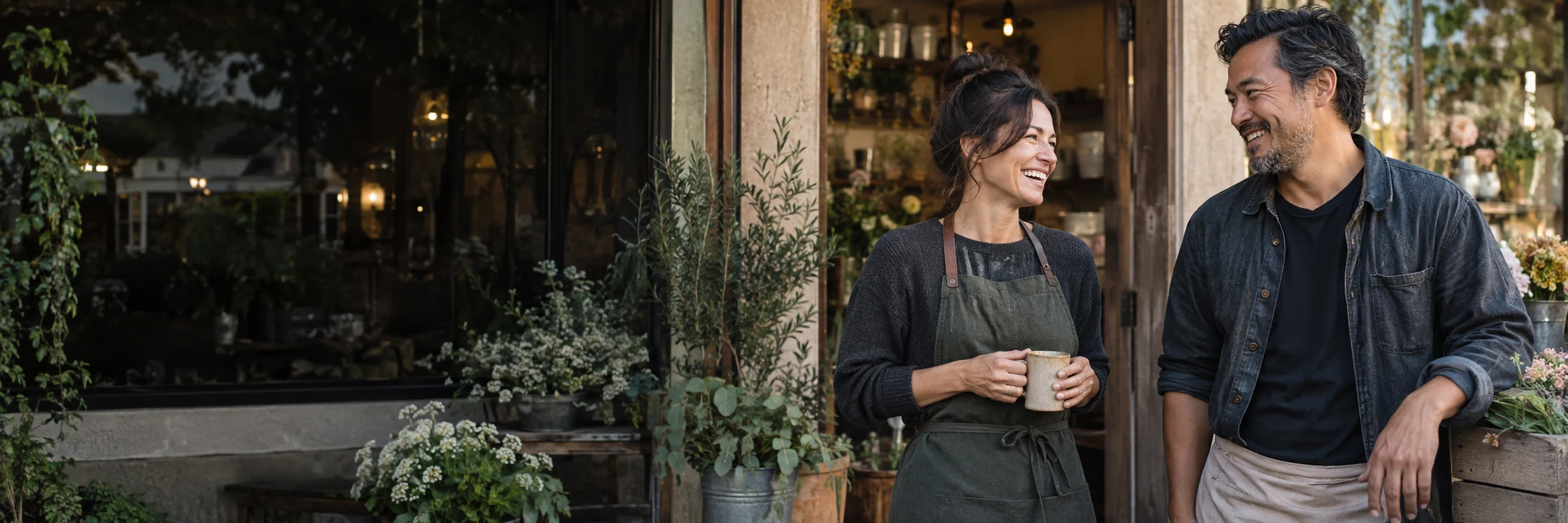 Two small business owners sharing a moment outside their neighborhood shop